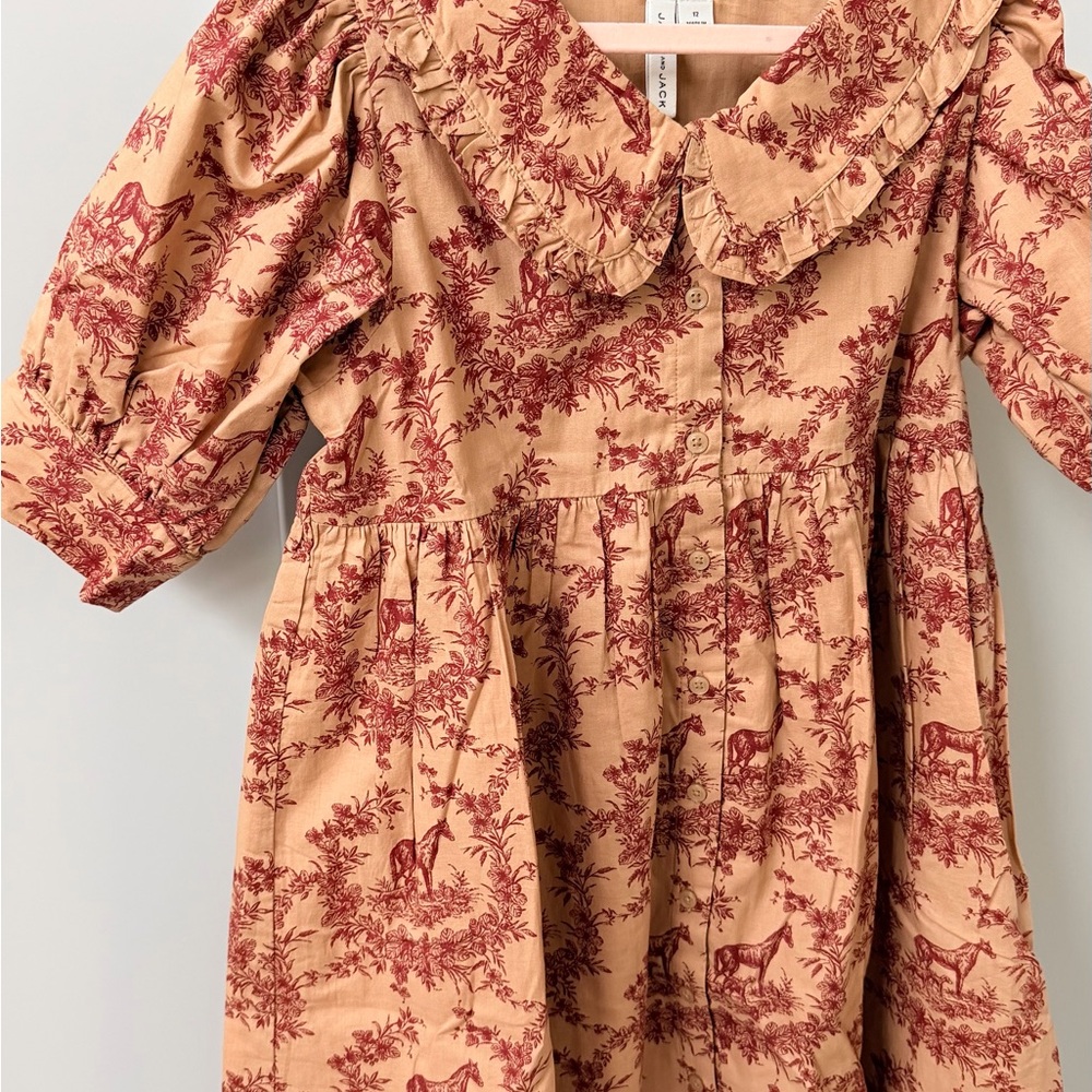 Janie and Jack Tan Dress with Red Toile Ruffle Collar